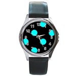 Polka Dots - Aqua Cyan on Black Round Metal Watch