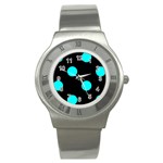 Polka Dots - Aqua Cyan on Black Stainless Steel Watch