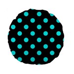 Polka Dots - Aqua Cyan on Black Standard 15  Premium Round Cushion