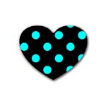 Polka Dots - Aqua Cyan on Black Rubber Coaster (Heart)