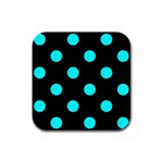 Polka Dots - Aqua Cyan on Black Rubber Coaster (Square)