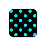 Polka Dots - Aqua Cyan on Black Rubber Square Coaster (4 pack)