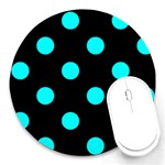 Polka Dots - Aqua Cyan on Black Round Mousepad