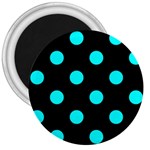 Polka Dots - Aqua Cyan on Black 3  Magnet
