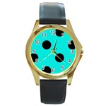 Polka Dots - Black on Bright Turquoise Round Gold Metal Watch