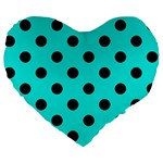 Polka Dots - Black on Bright Turquoise Large 19  Premium Heart Shape Cushion