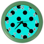 Polka Dots - Black on Bright Turquoise Color Wall Clock