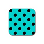 Polka Dots - Black on Bright Turquoise Rubber Coaster (Square)