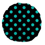 Polka Dots - Bright Turquoise on Black Large 18  Premium Round Cushion