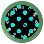 Polka Dots - Bright Turquoise on Black Color Wall Clock