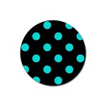 Polka Dots - Bright Turquoise on Black Rubber Round Coaster (4 pack)