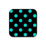 Polka Dots - Bright Turquoise on Black Rubber Coaster (Square)
