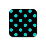 Polka Dots - Bright Turquoise on Black Rubber Square Coaster (4 pack)
