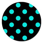Polka Dots - Bright Turquoise on Black Magnet 5  (Round)