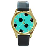 Polka Dots - Black on Turquoise Round Gold Metal Watch