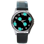 Polka Dots - Turquoise on Black Round Metal Watch