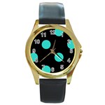 Polka Dots - Turquoise on Black Round Gold Metal Watch