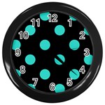 Polka Dots - Turquoise on Black Wall Clock (Black)