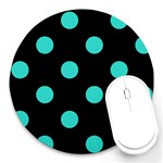 Polka Dots - Turquoise on Black Round Mousepad