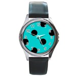 Polka Dots - Black on Cyan Round Metal Watch