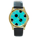 Polka Dots - Black on Cyan Round Gold Metal Watch
