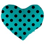 Polka Dots - Black on Cyan Large 19  Premium Flano Heart Shape Cushion