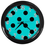 Polka Dots - Black on Cyan Wall Clock (Black)