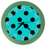 Polka Dots - Black on Cyan Color Wall Clock