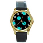 Polka Dots - Cyan on Black Round Gold Metal Watch
