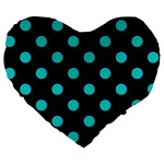 Polka Dots - Cyan on Black Large 19  Premium Heart Shape Cushion