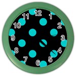 Polka Dots - Cyan on Black Color Wall Clock