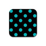 Polka Dots - Cyan on Black Rubber Coaster (Square)