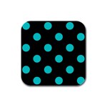 Polka Dots - Cyan on Black Rubber Square Coaster (4 pack)