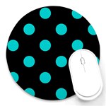Polka Dots - Cyan on Black Round Mousepad