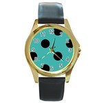 Polka Dots - Black on Verdigris Round Gold Metal Watch