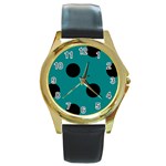 Polka Dots - Black on Teal Round Gold Metal Watch
