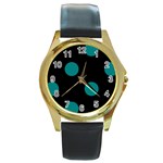 Polka Dots - Teal on Black Round Gold Metal Watch