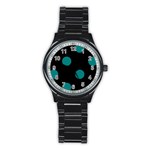 Polka Dots - Teal on Black Stainless Steel Round Watch