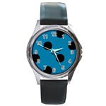 Polka Dots - Black on Cerulean Round Metal Watch