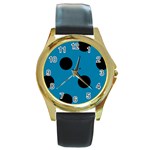 Polka Dots - Black on Cerulean Round Gold Metal Watch
