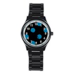 Polka Dots - Cerulean on Black Stainless Steel Round Watch