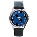 Polka Dots - Black on Dark Cerulean Round Metal Watch