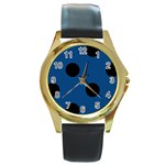 Polka Dots - Black on Dark Cerulean Round Gold Metal Watch