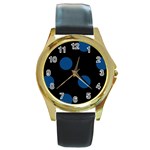 Polka Dots - Dark Cerulean on Black Round Gold Metal Watch