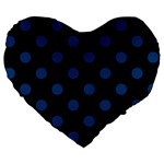 Polka Dots - Dark Cerulean on Black Large 19  Premium Heart Shape Cushion