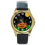 Halloween witch pumpkin Round Gold Metal Watch