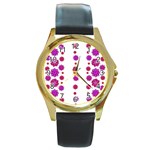 Vertical Stripes Floral Pattern Collage Round Gold Metal Watch