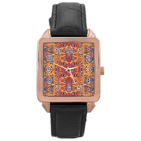 Oriental Watercolor Ornaments Kaleidoscope Mosaic Rose Gold Leather Watch  from ArtsNow.com Front