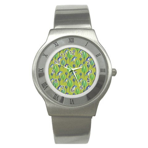 Tropical Floral Pattern Stainless Steel Watch from ArtsNow.com Front