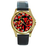 Red artistic design Round Gold Metal Watch